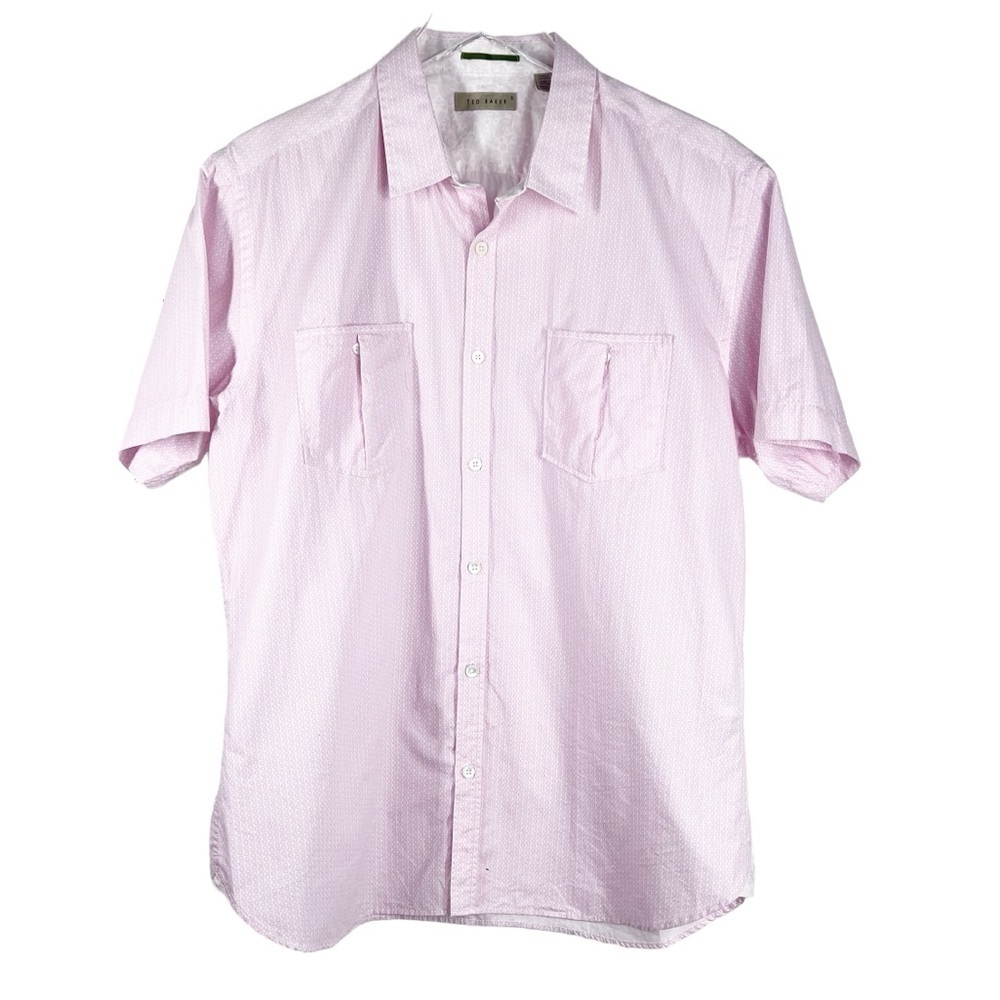 TED BAKER. Pink Tailored Tapered Short Sleeve patterned button down shirt